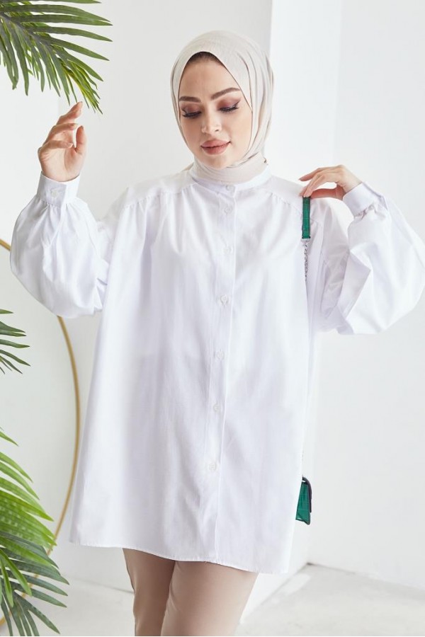 Hakim Yaka Balon Kol Salaş Tesettür Gömlek Beyaz 61378 Hakim Yaka Balon Kol Salaş Tesettür Gömlek Beyaz 61378