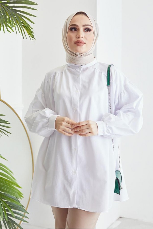 Hakim Yaka Balon Kol Salaş Tesettür Gömlek Beyaz 61378 Hakim Yaka Balon Kol Salaş Tesettür Gömlek Beyaz 61378