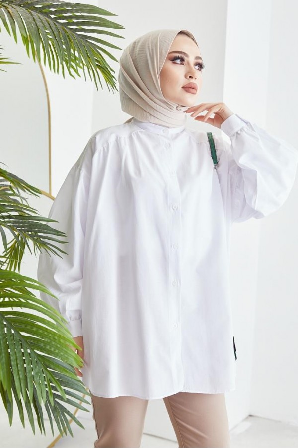 Hakim Yaka Balon Kol Salaş Tesettür Gömlek Beyaz 61378 Hakim Yaka Balon Kol Salaş Tesettür Gömlek Beyaz 61378