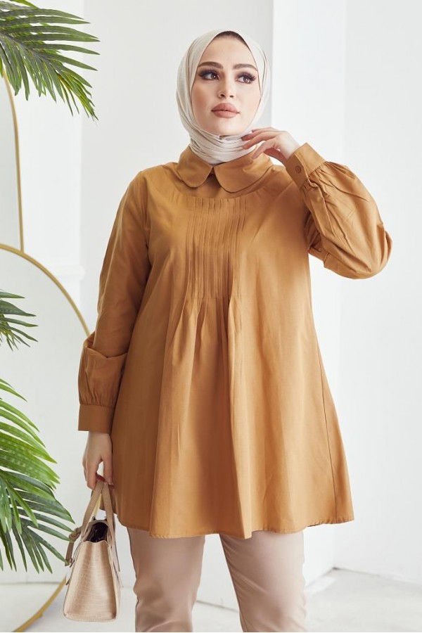  Önü Piliseli Arkadan Boydan Düğmeli Tesettür Gömlek Camel 61422