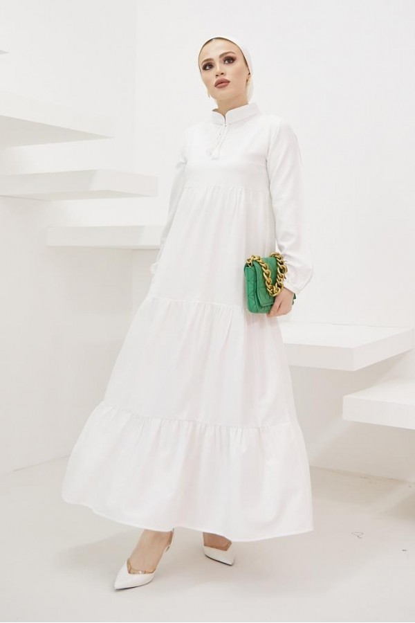  Yakası Bağcıklı Tesettür Elbise Ekru 425