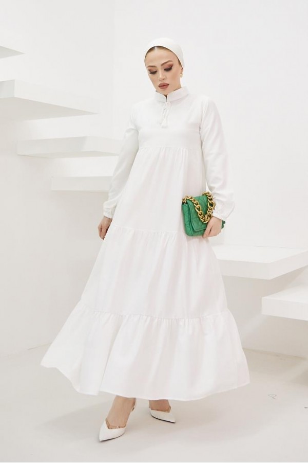  Yakası Bağcıklı Tesettür Elbise Ekru 425