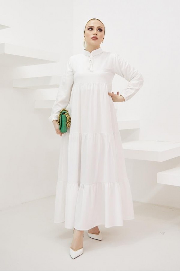  Yakası Bağcıklı Tesettür Elbise Ekru 425