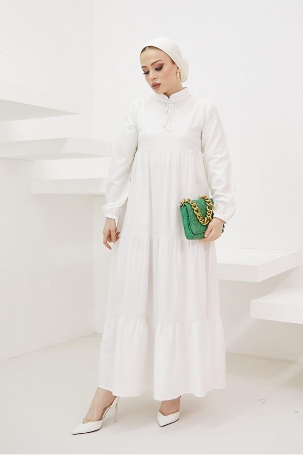  Yakası Bağcıklı Tesettür Elbise Ekru 425
