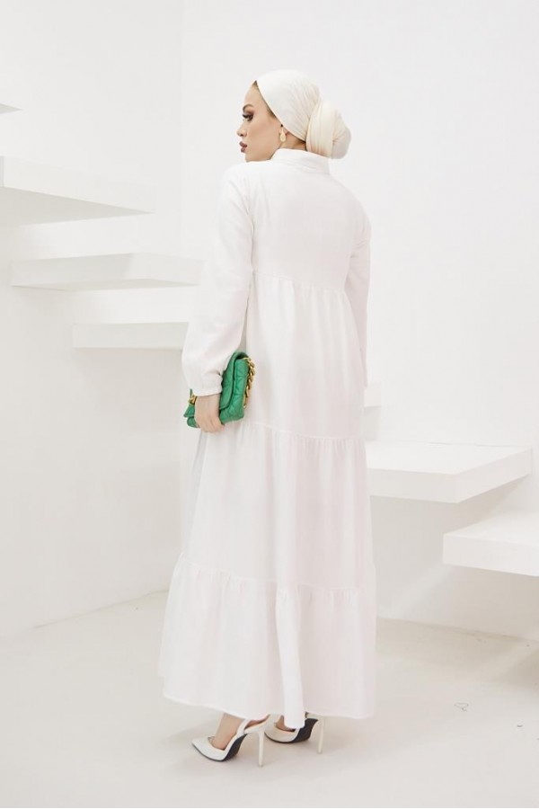  Yakası Bağcıklı Tesettür Elbise Ekru 425
