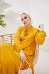  Yakası Bağcıklı Tesettür Elbise Hardal 425