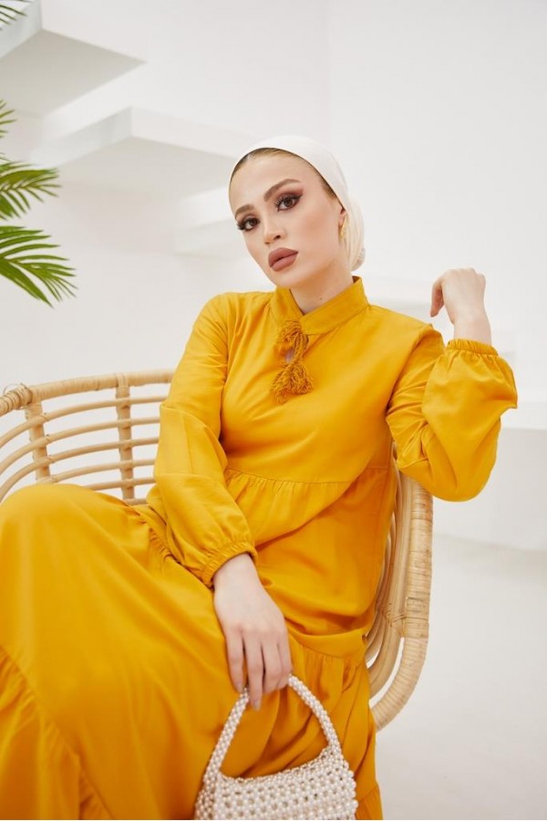  Yakası Bağcıklı Tesettür Elbise Hardal 425