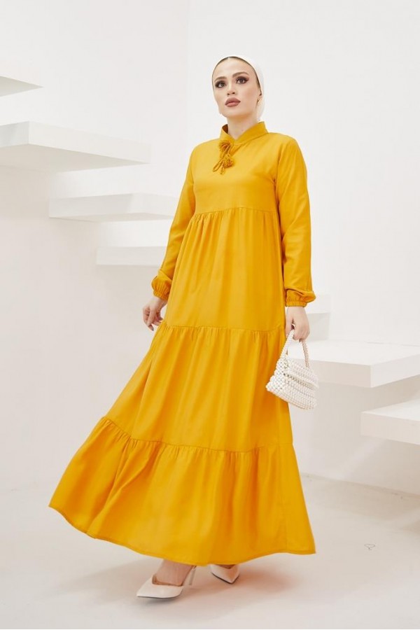  Yakası Bağcıklı Tesettür Elbise Hardal 425