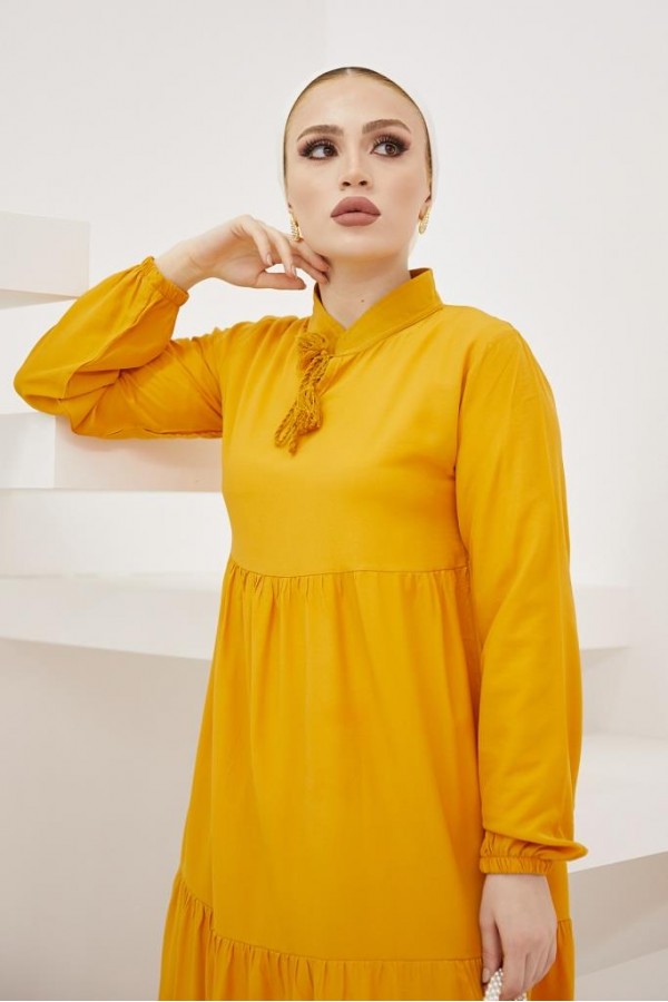  Yakası Bağcıklı Tesettür Elbise Hardal 425