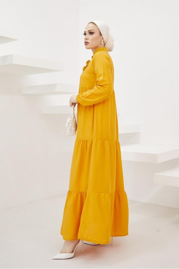  Yakası Bağcıklı Tesettür Elbise Hardal 425