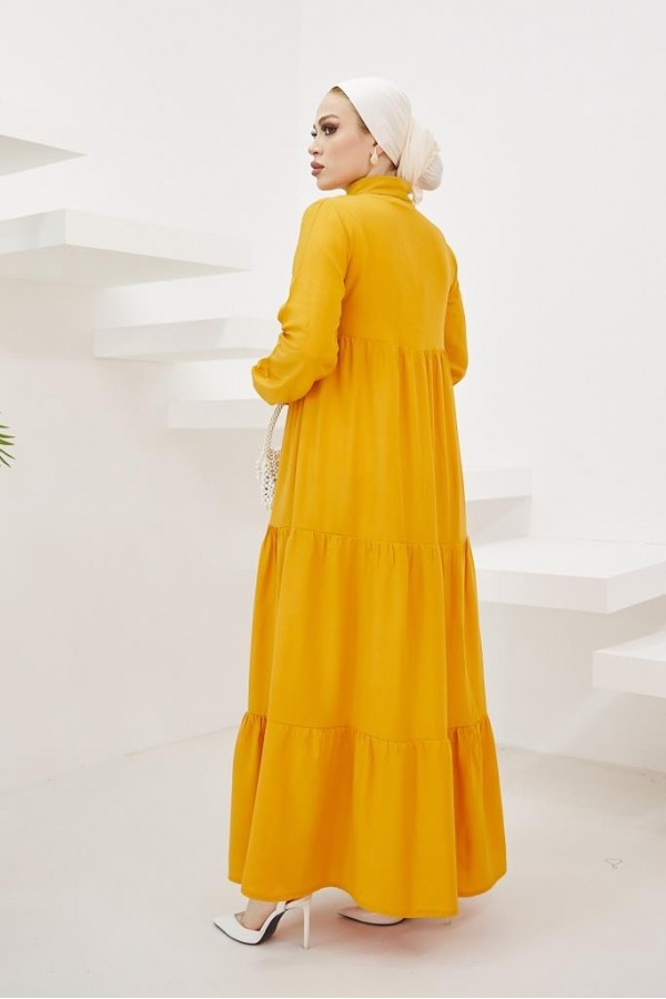  Yakası Bağcıklı Tesettür Elbise Hardal 425