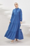  Yakası Bağcıklı Tesettür Elbise İndigo 425