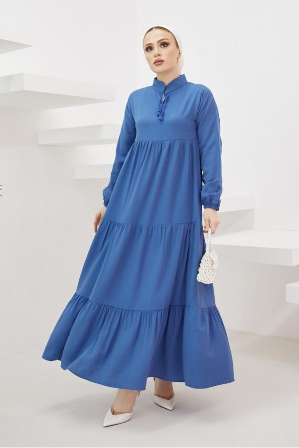  Yakası Bağcıklı Tesettür Elbise İndigo 425