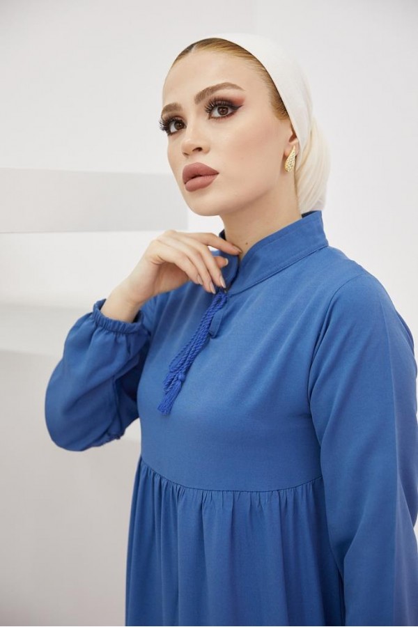  Yakası Bağcıklı Tesettür Elbise İndigo 425