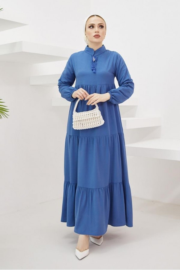  Yakası Bağcıklı Tesettür Elbise İndigo 425