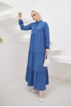  Yakası Bağcıklı Tesettür Elbise İndigo 425