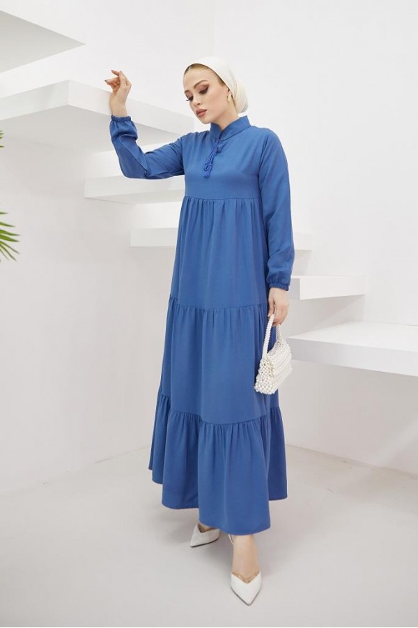  Yakası Bağcıklı Tesettür Elbise İndigo 425