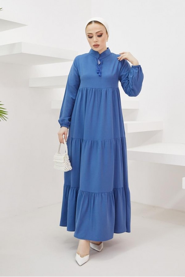  Yakası Bağcıklı Tesettür Elbise İndigo 425