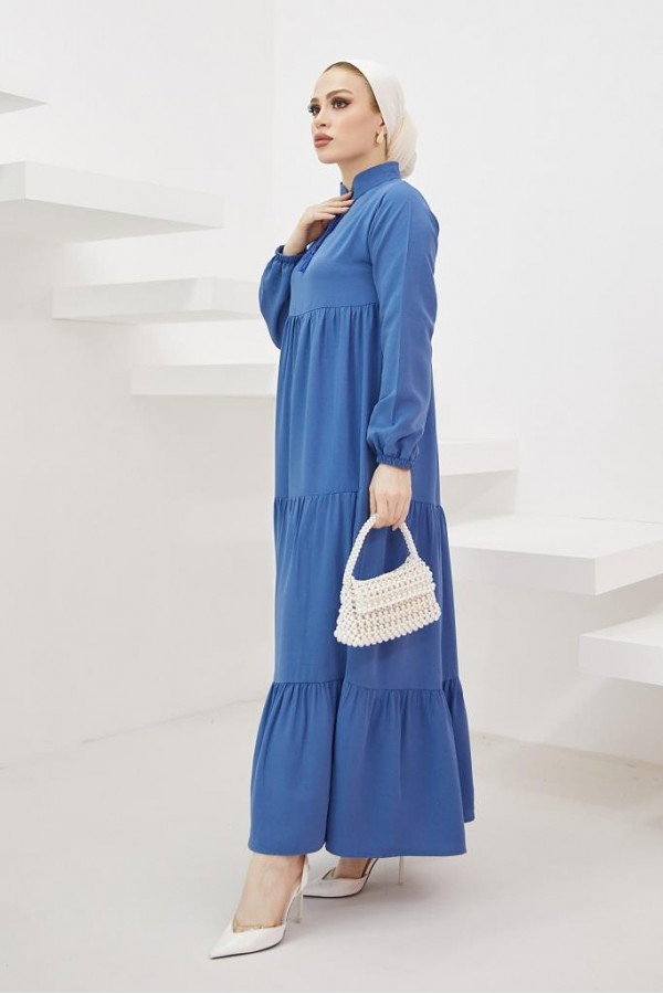  Yakası Bağcıklı Tesettür Elbise İndigo 425