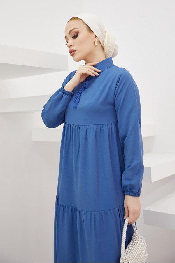  Yakası Bağcıklı Tesettür Elbise İndigo 425