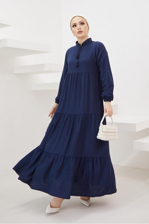  Yakası Bağcıklı Tesettür Elbise Lacivert 425