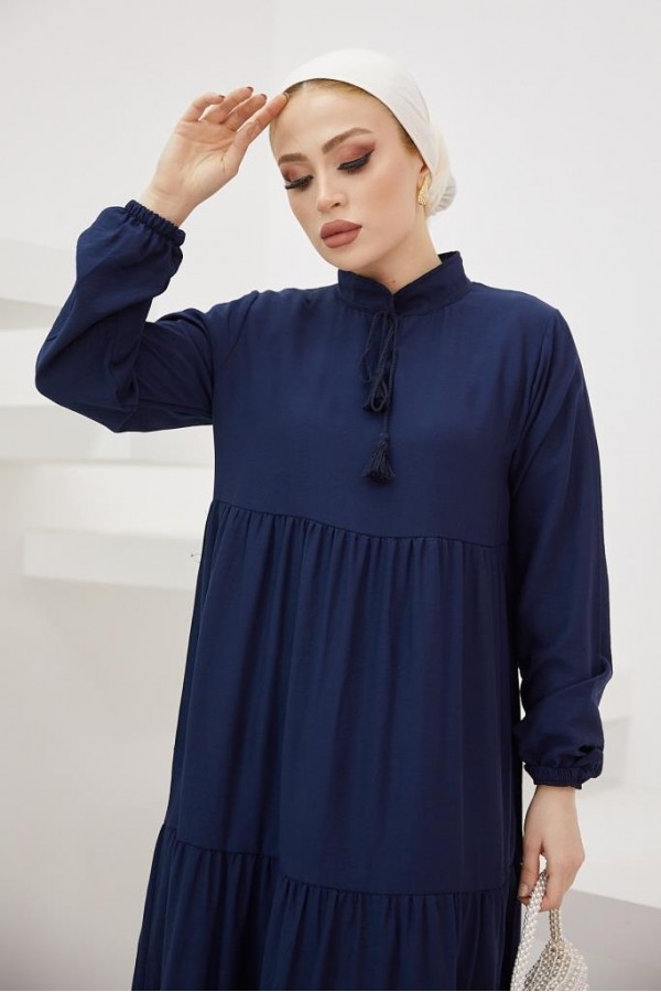  Yakası Bağcıklı Tesettür Elbise Lacivert 425
