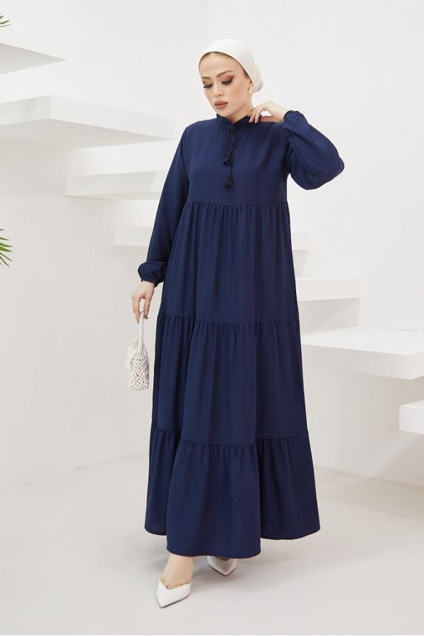  Yakası Bağcıklı Tesettür Elbise Lacivert 425