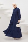  Yakası Bağcıklı Tesettür Elbise Lacivert 425