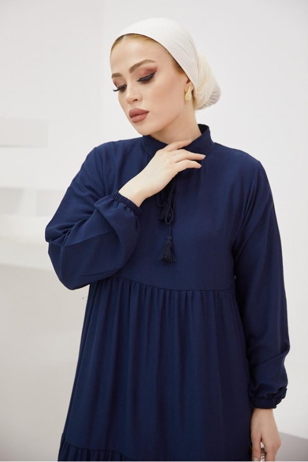  Yakası Bağcıklı Tesettür Elbise Lacivert 425