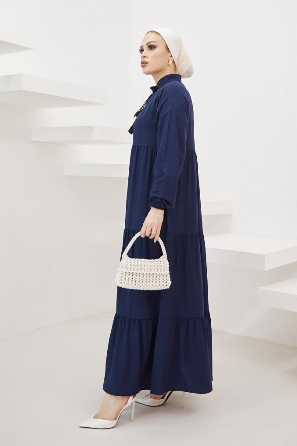  Yakası Bağcıklı Tesettür Elbise Lacivert 425