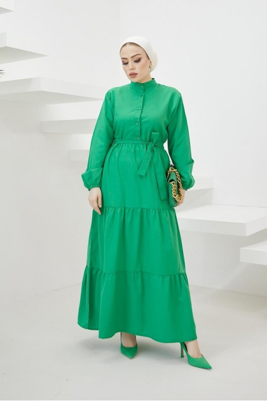  Hakim Yaka Düğmeli Tesettür Elbise Yeşil 428