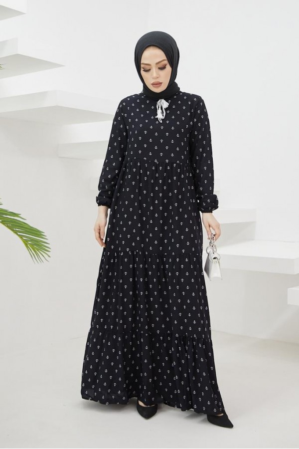 Mini Çapa Nakışlı Tesettür Elbise Siyah 6728 Mini Çapa Nakışlı Tesettür Elbise Siyah 6728