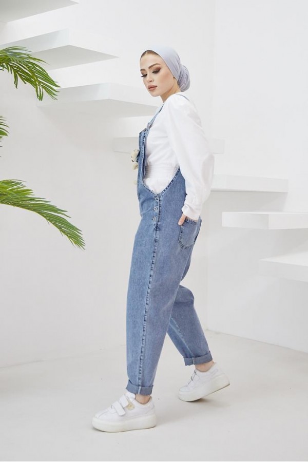  Ayıcık Aksesuarlı Kot Tulum Mavi 2093