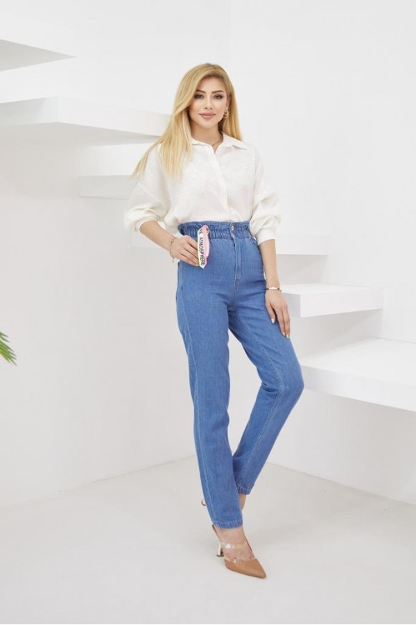  Lastikli Mom Jeans S292 Koyu Mavi