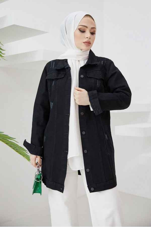  Tesettür Kot Ceket Siyah 3438