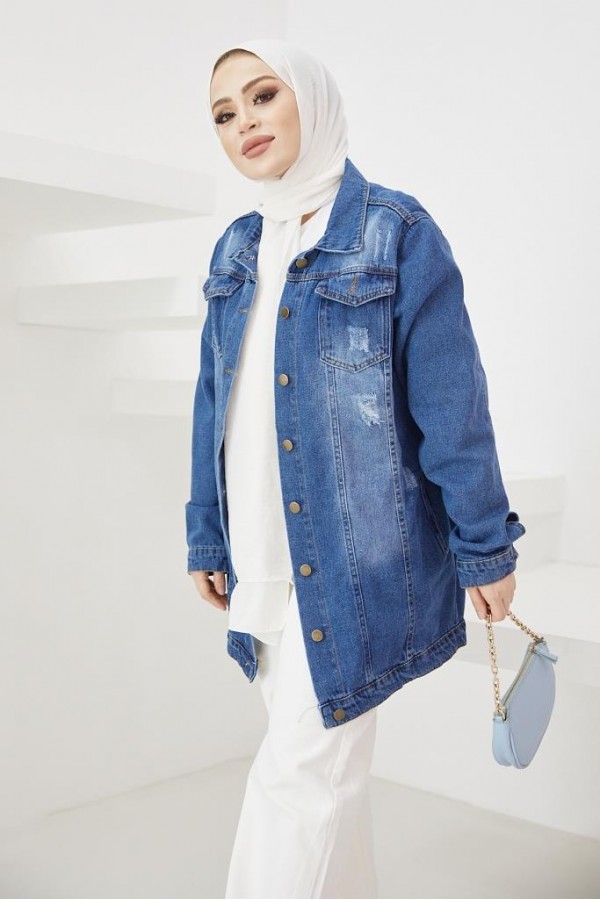  Tesettür Kot Ceket Lacivert 3441