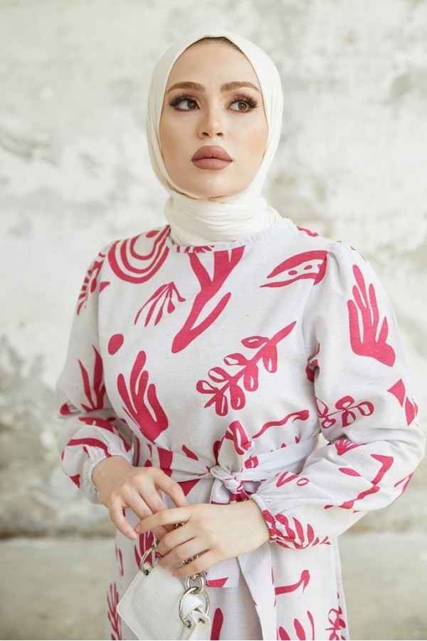   Desenli Keten Tesettür Elbise Fuşya 2367