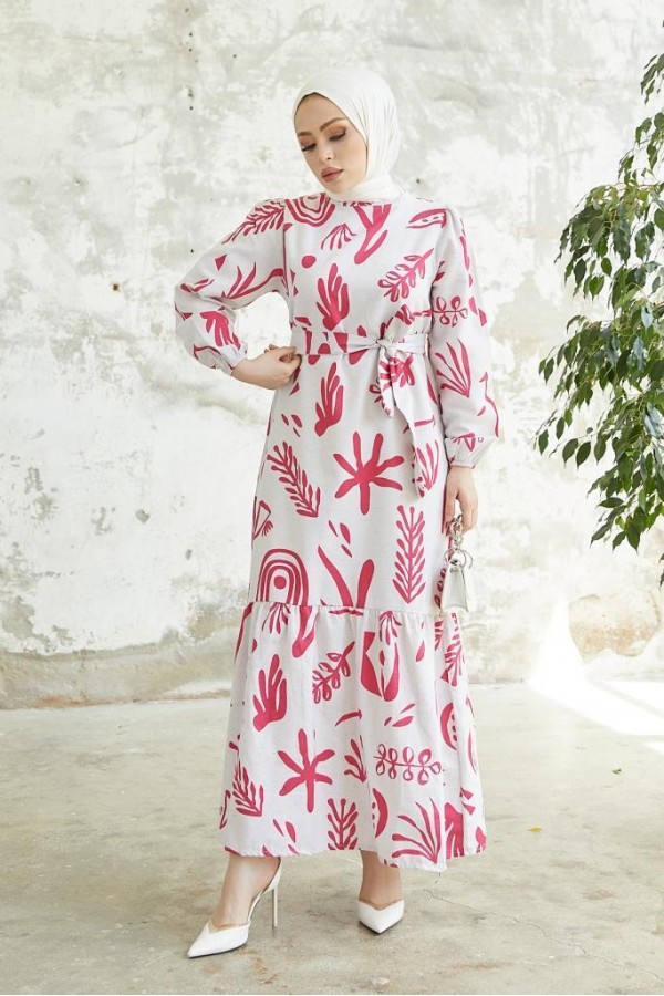   Desenli Keten Tesettür Elbise Fuşya 2367