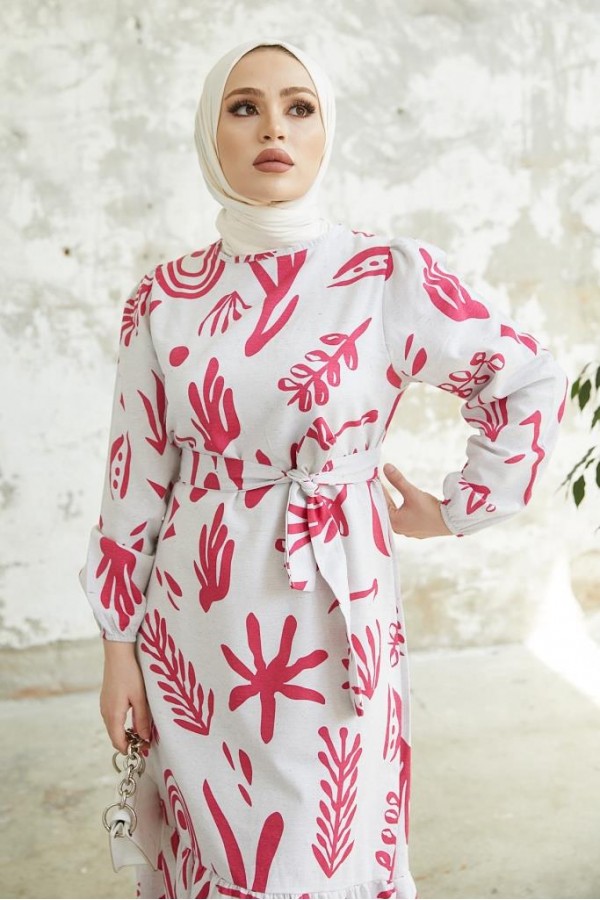   Desenli Keten Tesettür Elbise Fuşya 2367