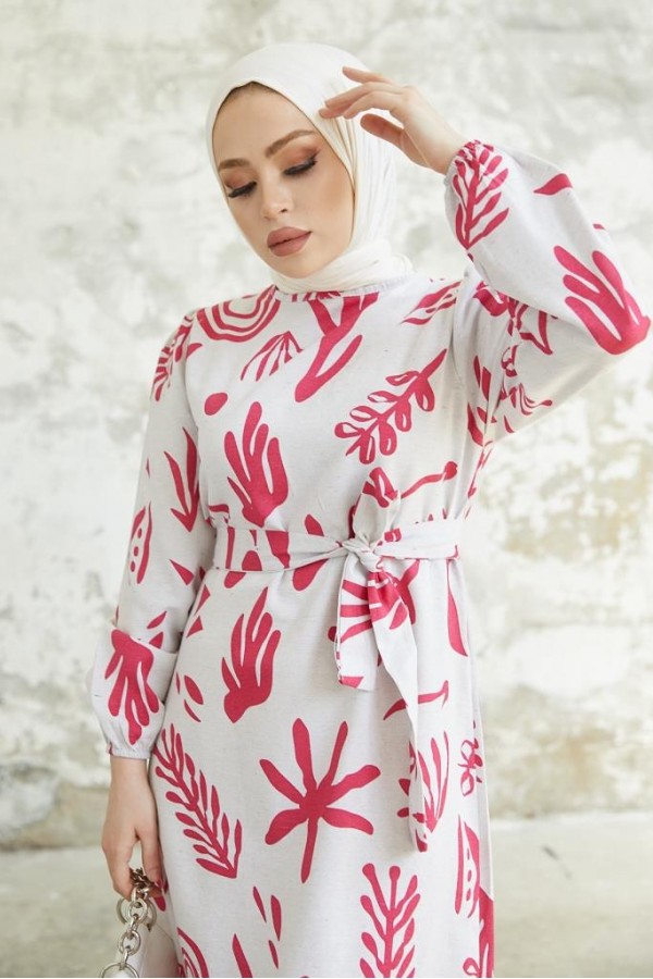   Desenli Keten Tesettür Elbise Fuşya 2367