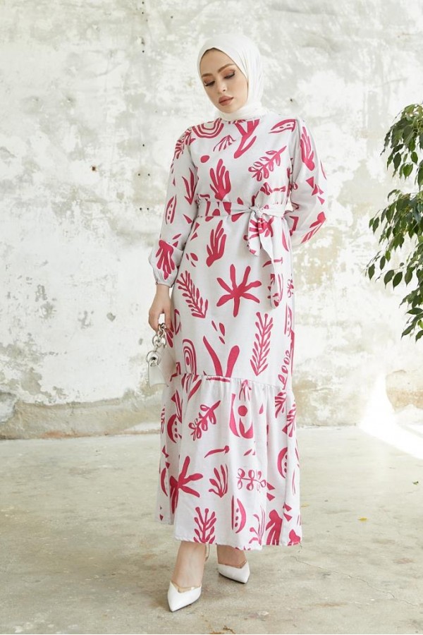   Desenli Keten Tesettür Elbise Fuşya 2367