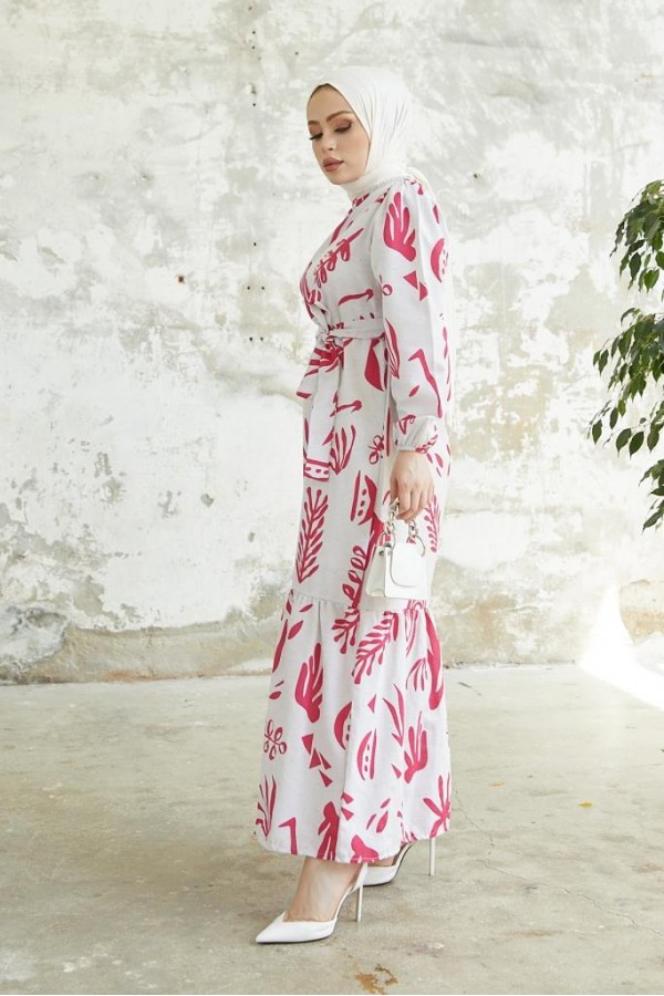   Desenli Keten Tesettür Elbise Fuşya 2367