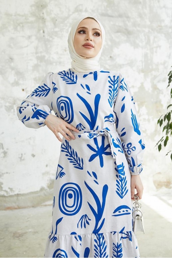   Desenli Keten Tesettür Elbise Mavi 2367