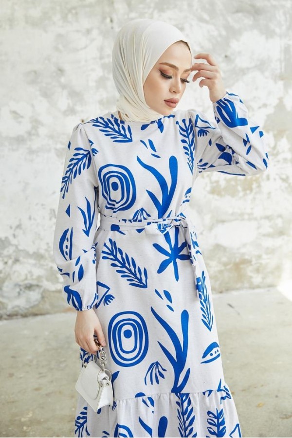   Desenli Keten Tesettür Elbise Mavi 2367