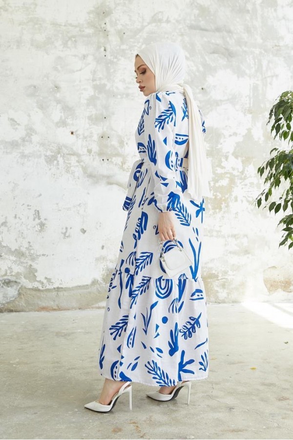   Desenli Keten Tesettür Elbise Mavi 2367