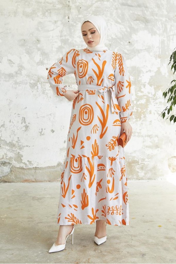   Desenli Keten Tesettür Elbise Oranj 2367