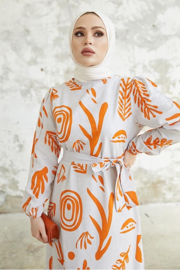   Desenli Keten Tesettür Elbise Oranj 2367