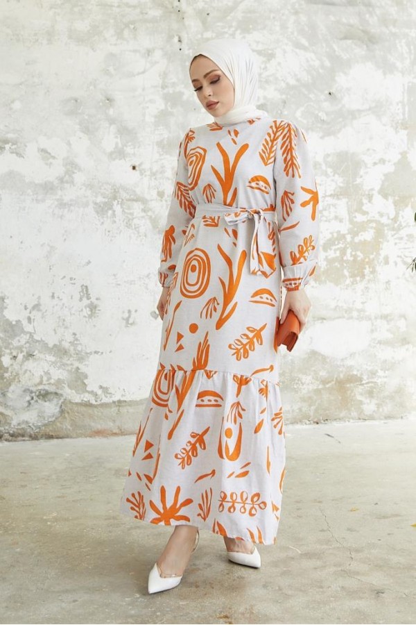   Desenli Keten Tesettür Elbise Oranj 2367