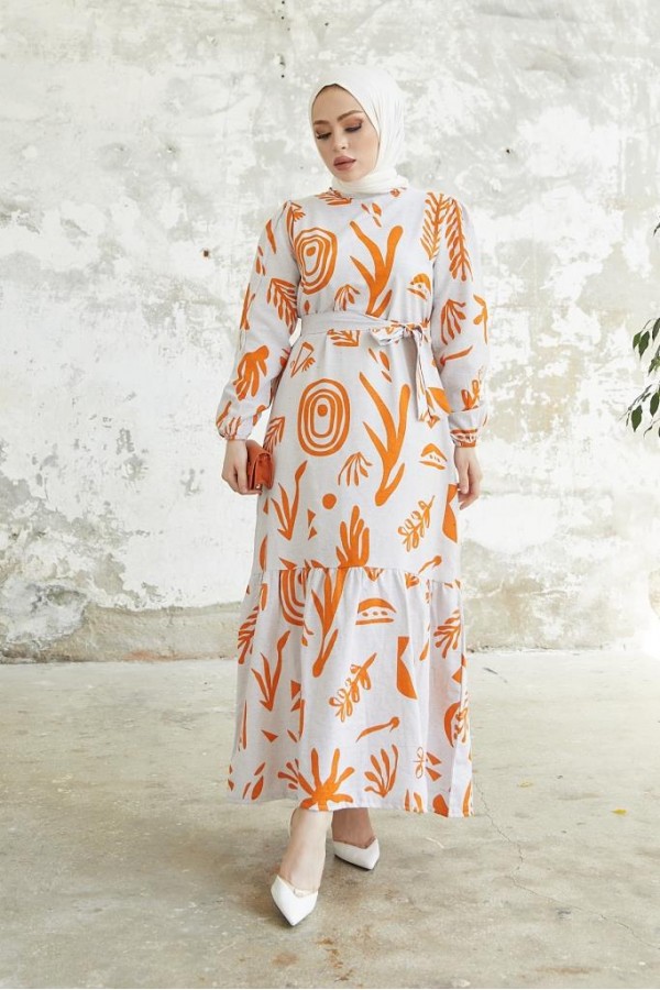   Desenli Keten Tesettür Elbise Oranj 2367