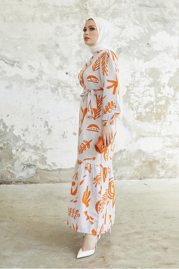   Desenli Keten Tesettür Elbise Oranj 2367